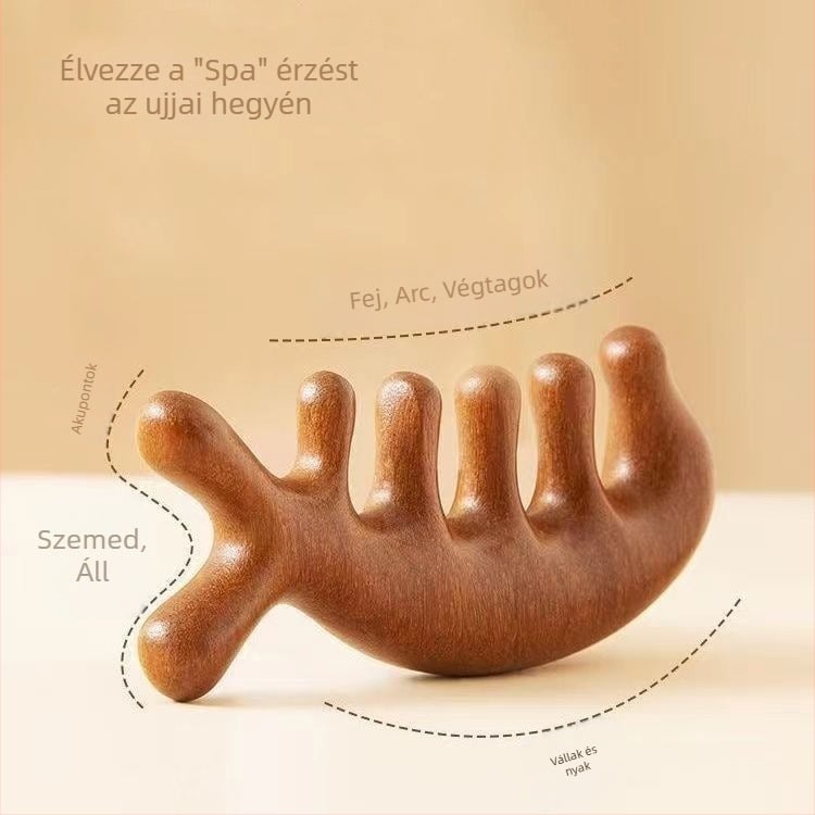 Szantálfa masszázs fésű a fejbőr és az arc masszírozásához, öt foga, meridián dizájn