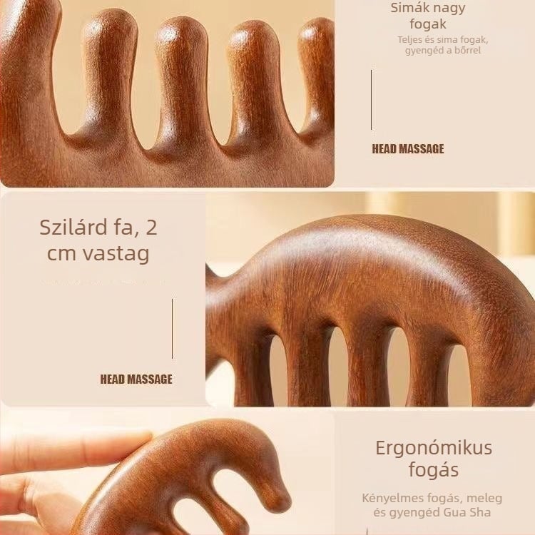 Szantálfa masszázs fésű a fejbőr és az arc masszírozásához, öt foga, meridián dizájn