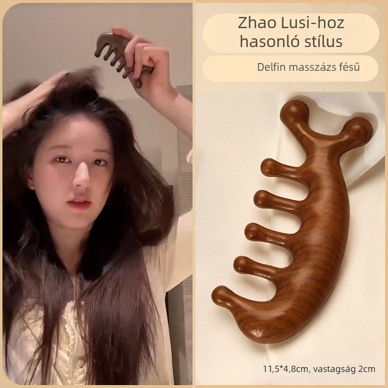 Szantálfa masszázs fésű a fejbőr és az arc masszírozásához, öt foga, meridián dizájn