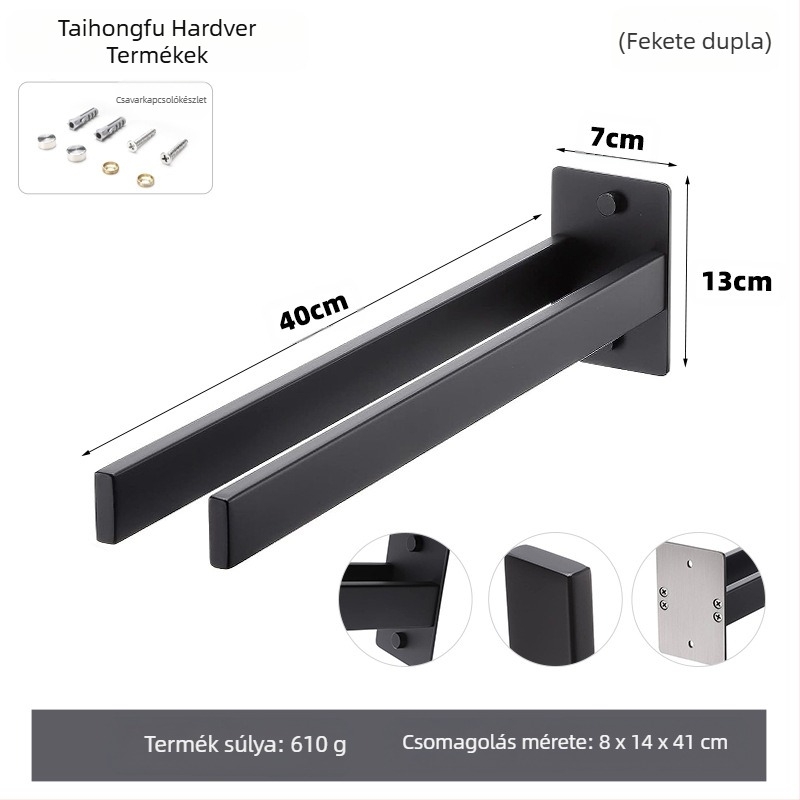 Rozsdamentes acél törölközőtartó, falra szerelhető, egyetlen rétegű, teherbírás 10 kg, felületi kezelés: sütőfesték, elektroplakolás, ezüstös felület