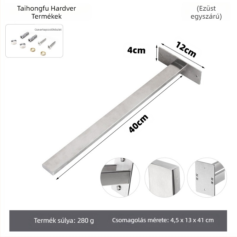 Rozsdamentes acél törölközőtartó, falra szerelhető, egyetlen rétegű, teherbírás 10 kg, felületi kezelés: sütőfesték, elektroplakolás, ezüstös felület