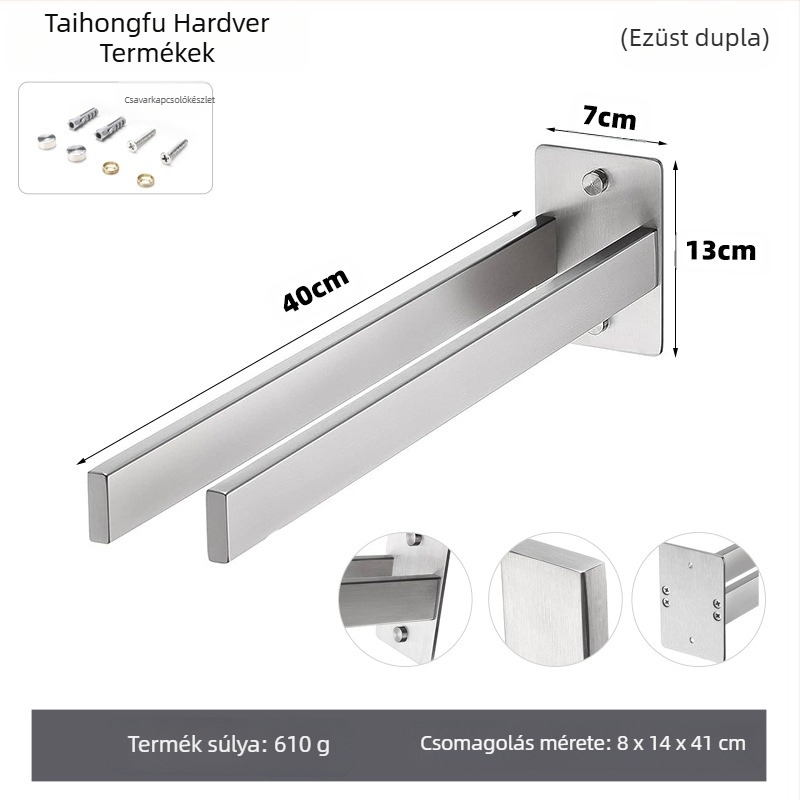 Rozsdamentes acél törölközőtartó, falra szerelhető, egyetlen rétegű, teherbírás 10 kg, felületi kezelés: sütőfesték, elektroplakolás, ezüstös felület