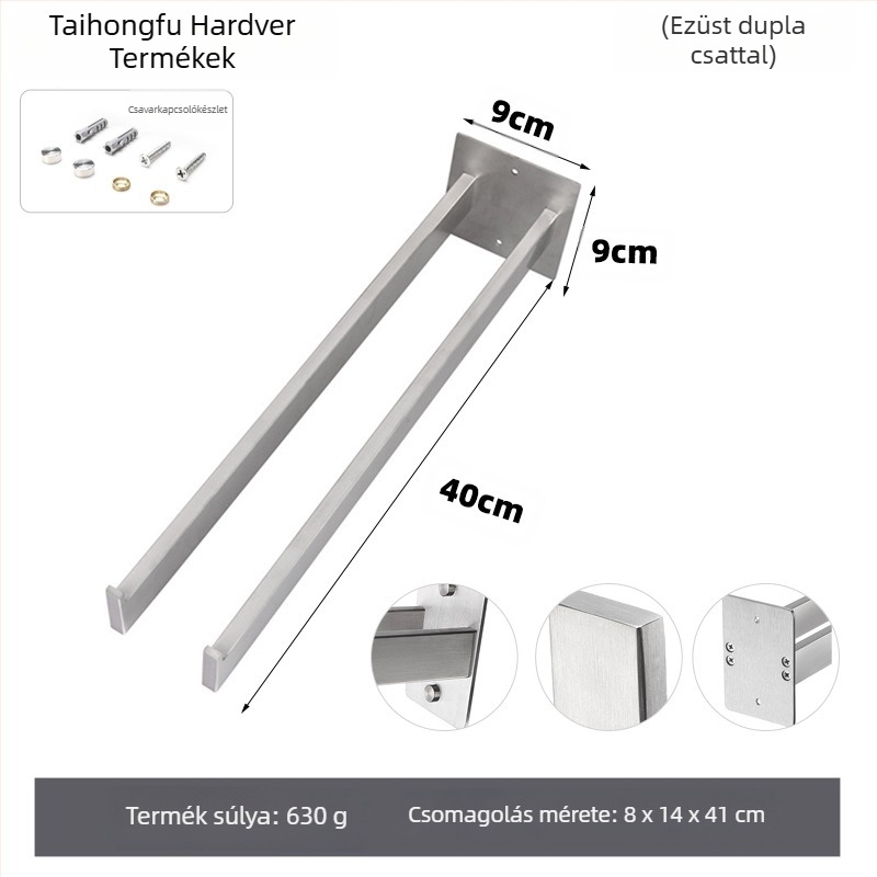 Rozsdamentes acél törölközőtartó, falra szerelhető, egyetlen rétegű, teherbírás 10 kg, felületi kezelés: sütőfesték, elektroplakolás, ezüstös felület