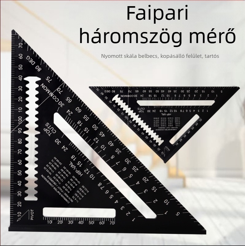 Alumínium ötvözetű asztalos háromszögvonalzó kettős skálával (metrikus és inch), 45° és 90° szögek