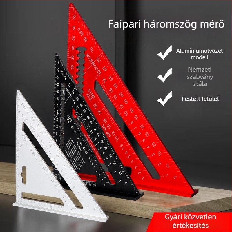 Alumínium ötvözetű asztalos háromszögvonalzó kettős skálával (metrikus és inch), 45° és 90° szögek