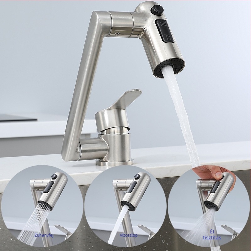 Összecsukható konyhai mosogatócsap RV-hez – meleg és hideg, rozsdamentes acél 304, modell OX31556, alacsony profil, kerámia korongos szelep, csiszolt felület, max. 90°C, névleges nyomás 1,2 MPa