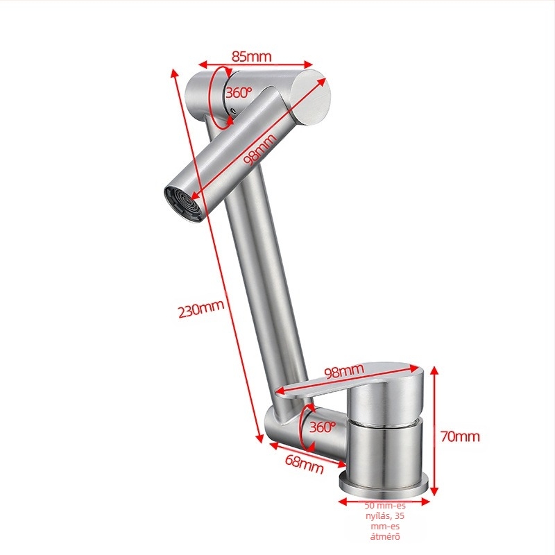 Összecsukható konyhai mosogatócsap RV-hez – meleg és hideg, rozsdamentes acél 304, modell OX31556, alacsony profil, kerámia korongos szelep, csiszolt felület, max. 90°C, névleges nyomás 1,2 MPa