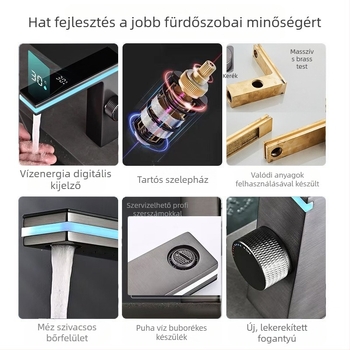 Ambient fényű mosdócsaptele réztesttel, intelligens digitális kijelző, kerámiás korongos szelep, 1–90°C