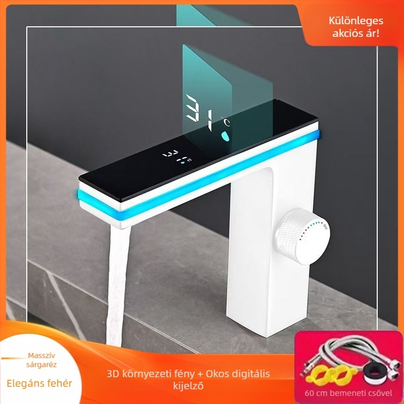 Ambient fényű mosdócsaptele réztesttel, intelligens digitális kijelző, kerámiás korongos szelep, 1–90°C