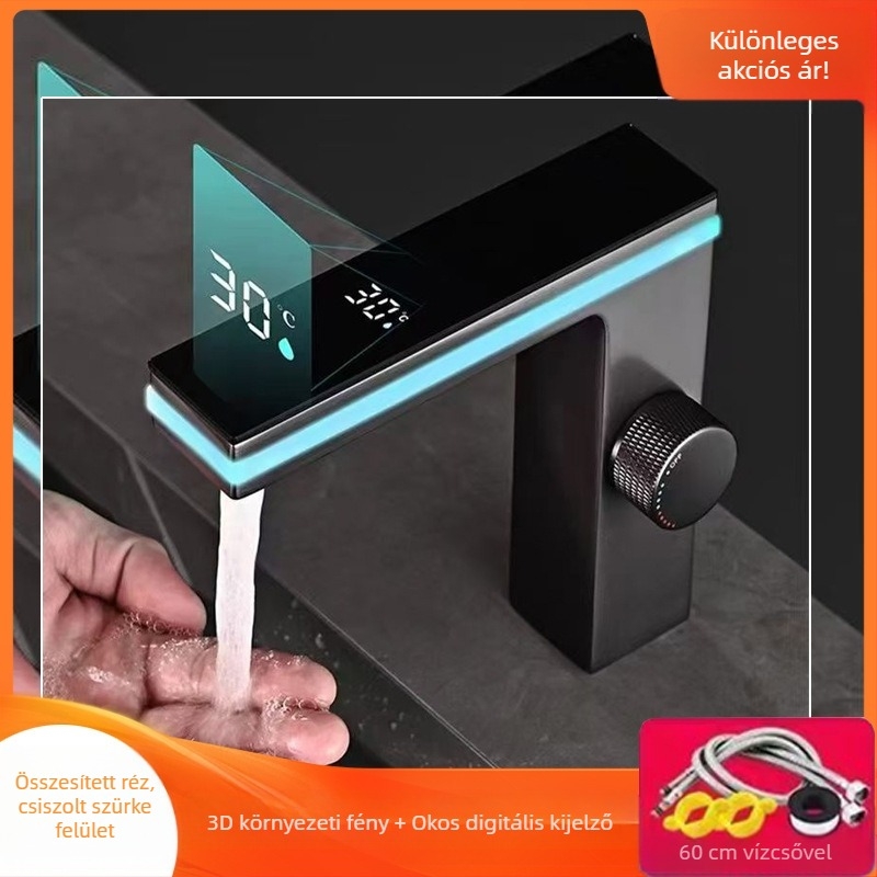 Ambient fényű mosdócsaptele réztesttel, intelligens digitális kijelző, kerámiás korongos szelep, 1–90°C