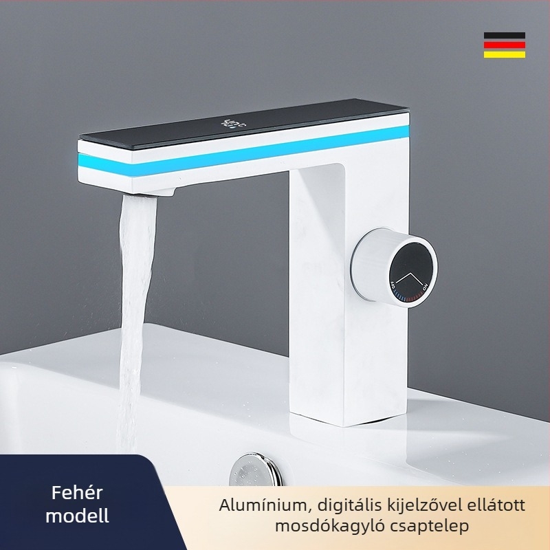 Ambient fényű mosdócsaptele réztesttel, intelligens digitális kijelző, kerámiás korongos szelep, 1–90°C