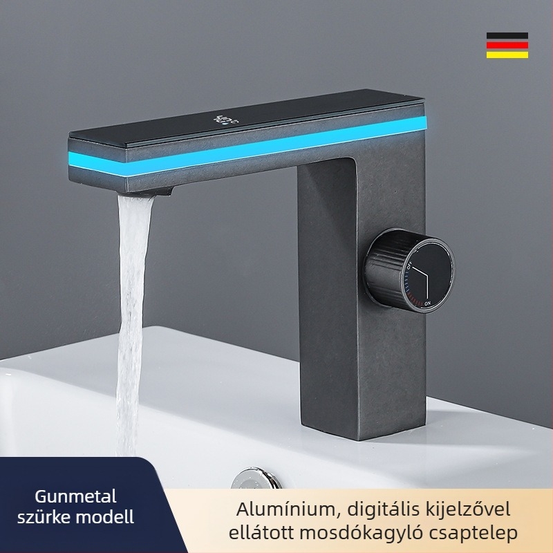 Ambient fényű mosdócsaptele réztesttel, intelligens digitális kijelző, kerámiás korongos szelep, 1–90°C