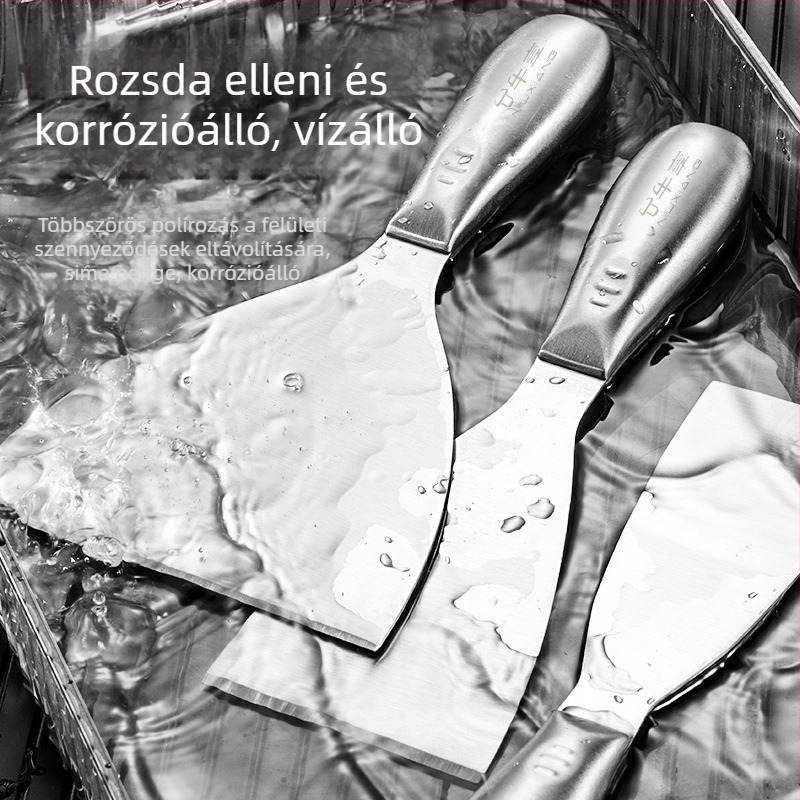 Egybeépített rozsdamentes acél glettelő kés, szablya típusú pengével, gletteléshez a fal sík felületein