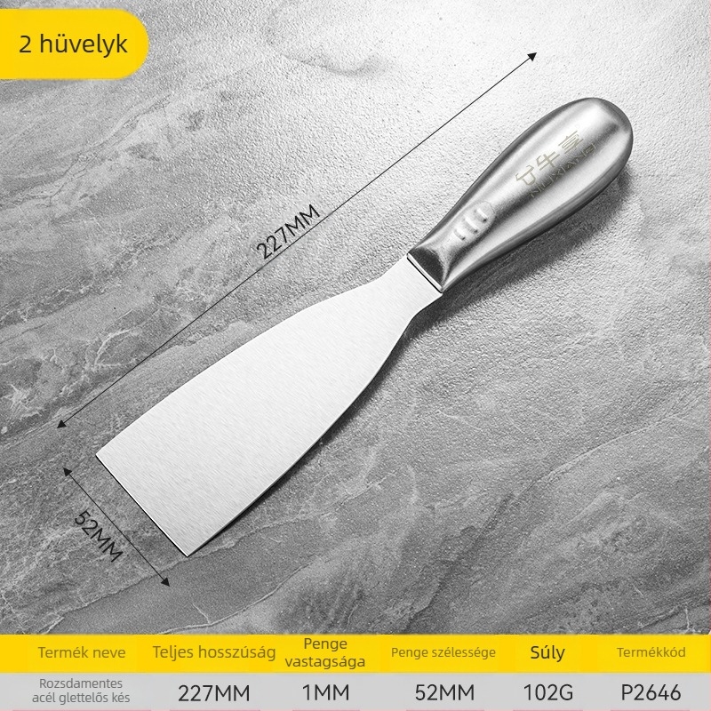 Egybeépített rozsdamentes acél glettelő kés, szablya típusú pengével, gletteléshez a fal sík felületein
