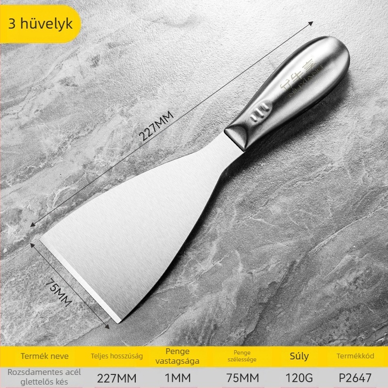 Egybeépített rozsdamentes acél glettelő kés, szablya típusú pengével, gletteléshez a fal sík felületein