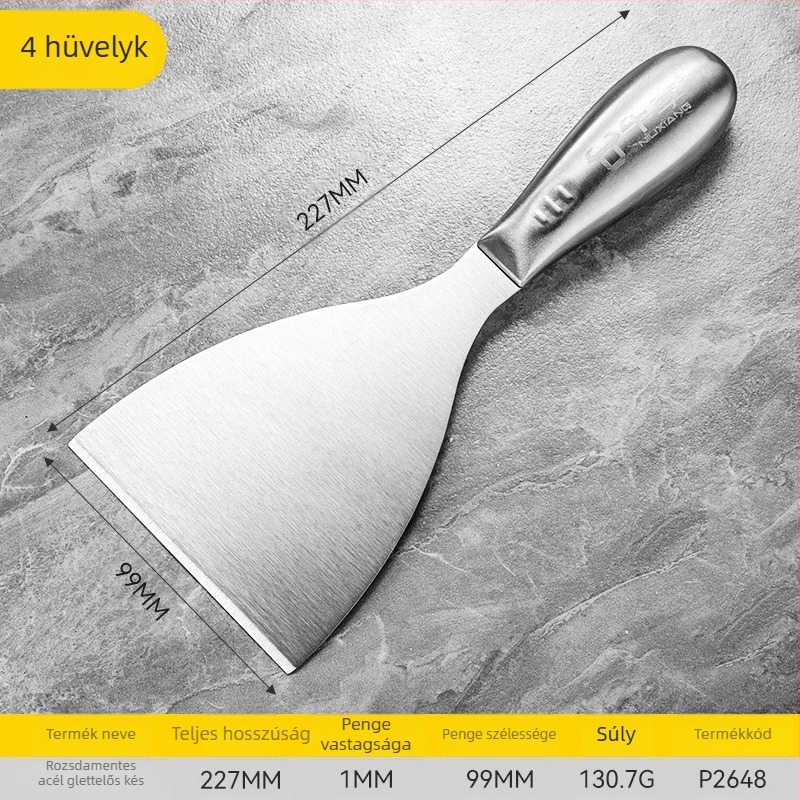 Egybeépített rozsdamentes acél glettelő kés, szablya típusú pengével, gletteléshez a fal sík felületein