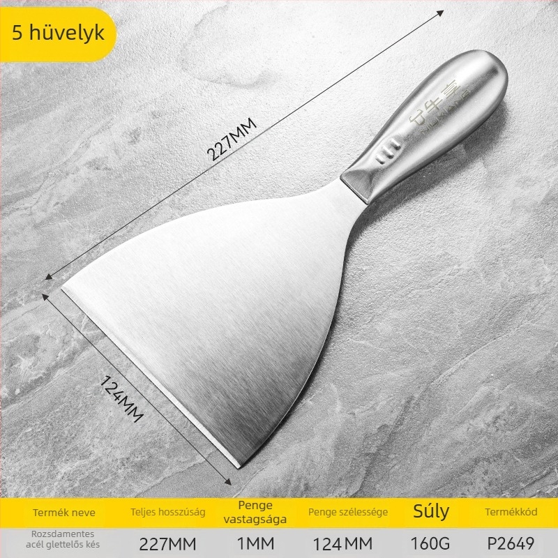 Egybeépített rozsdamentes acél glettelő kés, szablya típusú pengével, gletteléshez a fal sík felületein