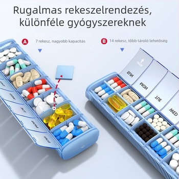 Alumíniumötvözetből készült hordozható gyógyszeres doboz, PB modell, fém felépítés, 14 rekesz, tömeg 406 g, hordozható kivitel