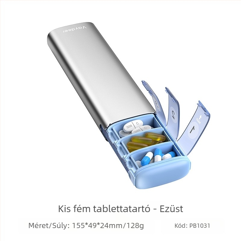 Alumíniumötvözetből készült hordozható gyógyszeres doboz, PB modell, fém felépítés, 14 rekesz, tömeg 406 g, hordozható kivitel