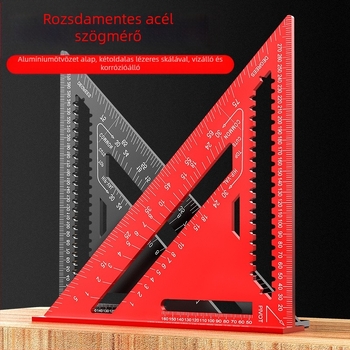 Alumíniumötvözetből készült háromszögvonalzó fameipari felhasználásra, angol/metrikus skálák, 90°-os szög, nagy precizitás