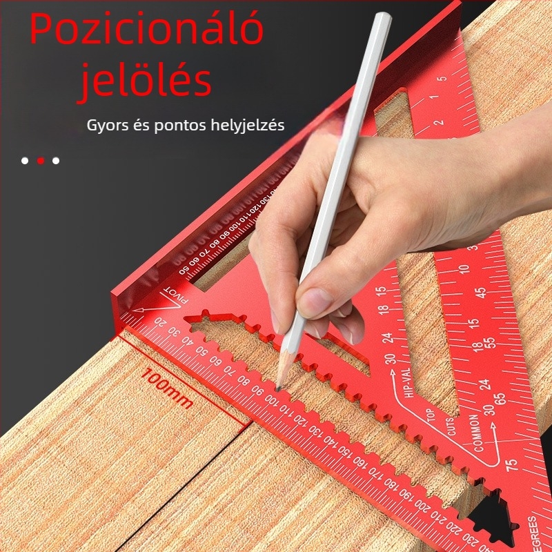 Alumíniumötvözetből készült háromszögvonalzó fameipari felhasználásra, angol/metrikus skálák, 90°-os szög, nagy precizitás