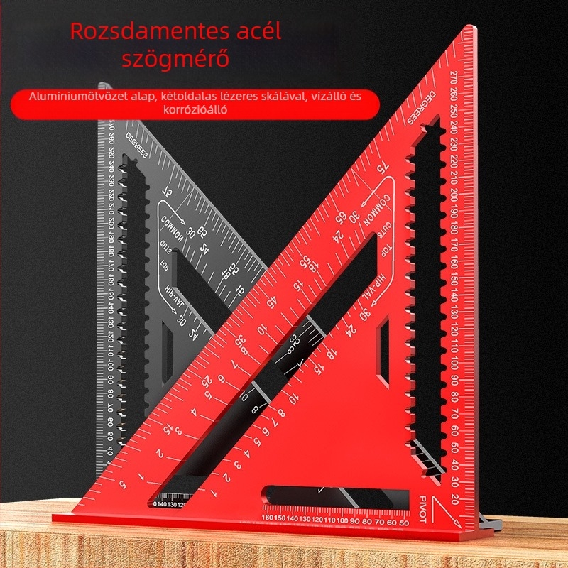 Alumíniumötvözetből készült háromszögvonalzó fameipari felhasználásra, angol/metrikus skálák, 90°-os szög, nagy precizitás