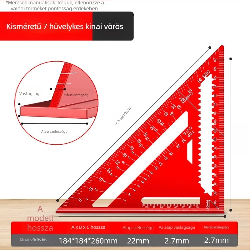 Alumíniumötvözetből készült háromszögvonalzó fameipari felhasználásra, angol/metrikus skálák, 90°-os szög, nagy precizitás