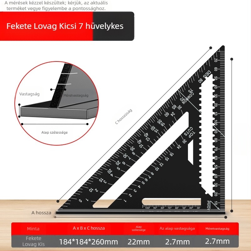 Alumíniumötvözetből készült háromszögvonalzó fameipari felhasználásra, angol/metrikus skálák, 90°-os szög, nagy precizitás
