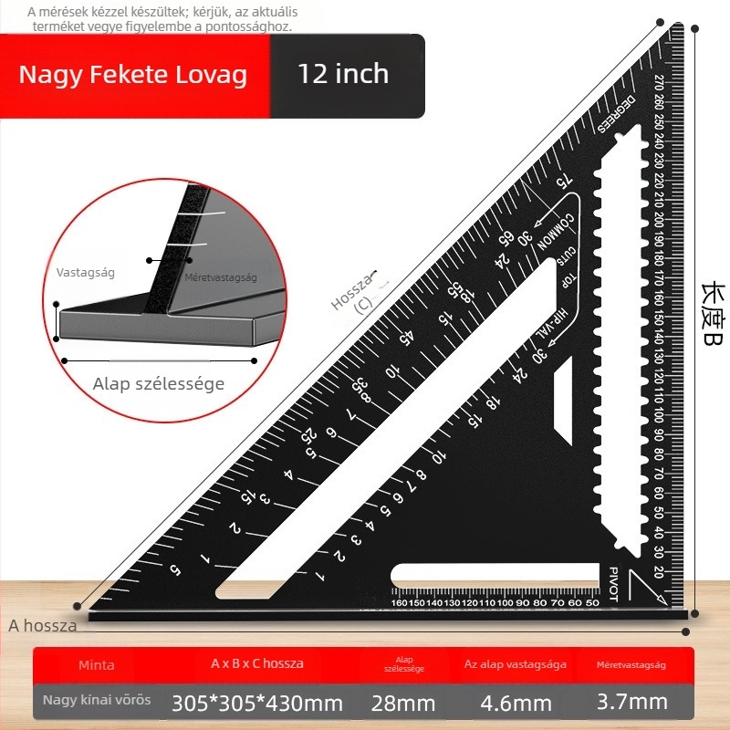 Alumíniumötvözetből készült háromszögvonalzó fameipari felhasználásra, angol/metrikus skálák, 90°-os szög, nagy precizitás