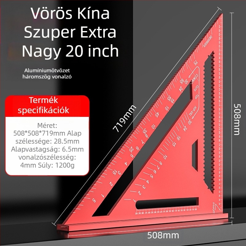 Alumíniumötvözetből készült háromszögvonalzó fameipari felhasználásra, angol/metrikus skálák, 90°-os szög, nagy precizitás