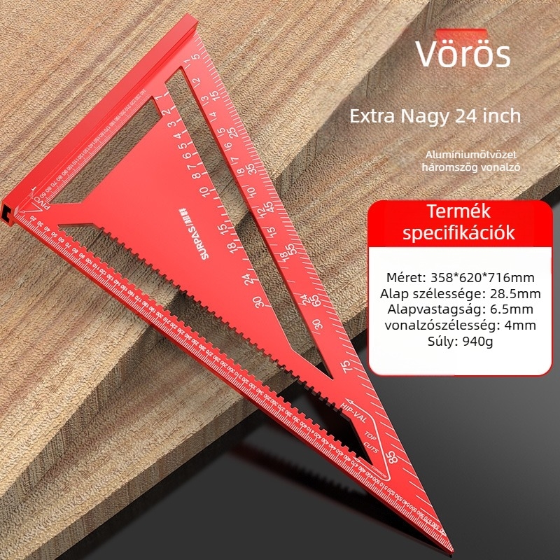 Alumíniumötvözetből készült háromszögvonalzó fameipari felhasználásra, angol/metrikus skálák, 90°-os szög, nagy precizitás