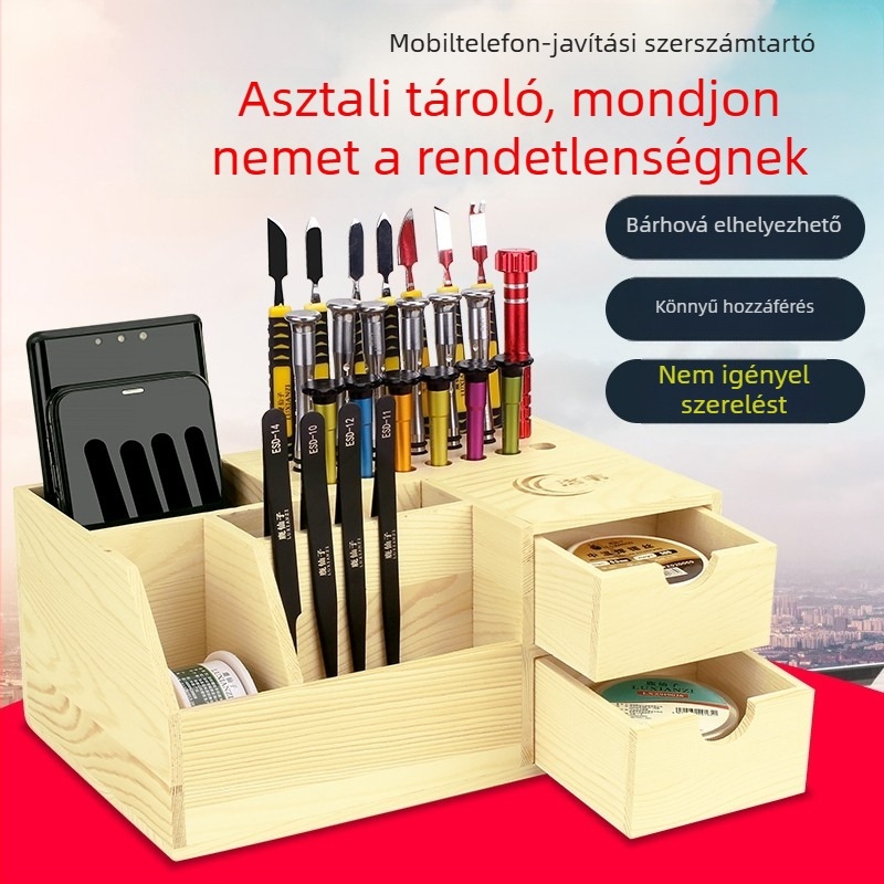 Fából készült csavarhúzó-tároló, multifunkcionális mobiltelefon-javító eszközök szervezője és munkapad