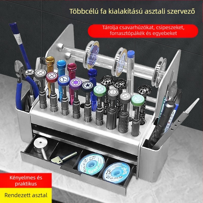 Fából készült csavarhúzó-tároló, multifunkcionális mobiltelefon-javító eszközök szervezője és munkapad