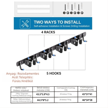 Rozsdamentes acélból készült falra szerelhető mop-tartó, lyuk nélküli rögzítés, mop-klip és akasztó, polírozott felület, súly 420