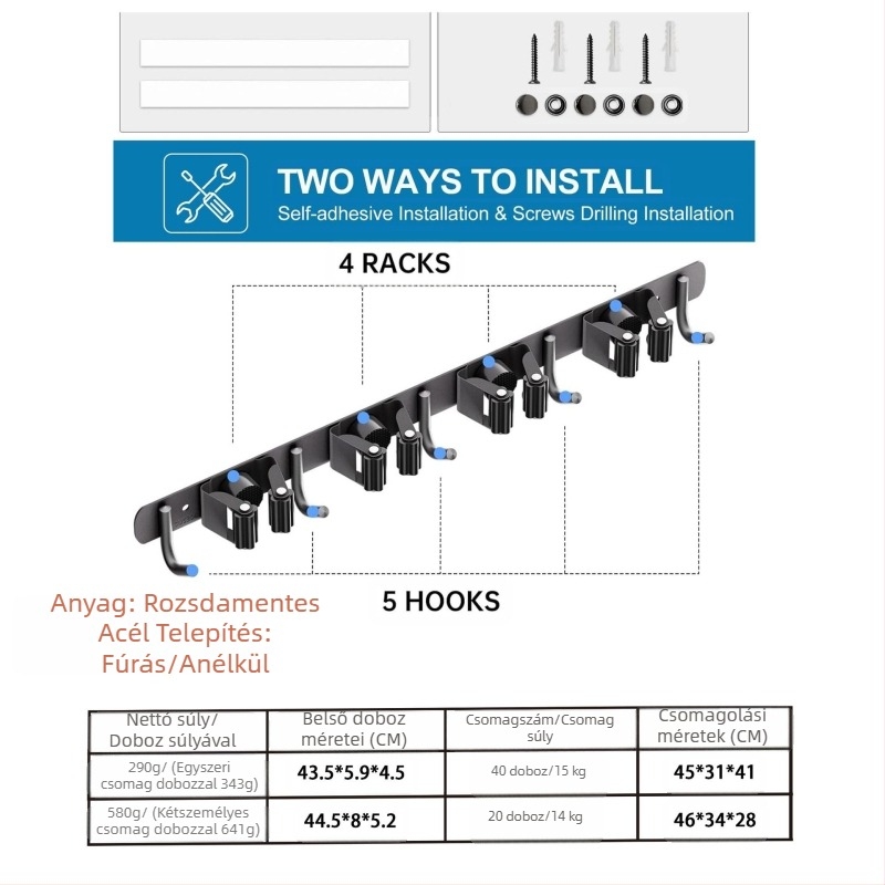 Rozsdamentes acélból készült falra szerelhető mop-tartó, lyuk nélküli rögzítés, mop-klip és akasztó, polírozott felület, súly 420