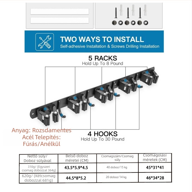 Rozsdamentes acélból készült falra szerelhető mop-tartó, lyuk nélküli rögzítés, mop-klip és akasztó, polírozott felület, súly 420