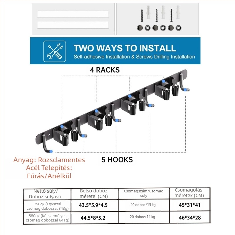 Rozsdamentes acélból készült falra szerelhető mop-tartó, lyuk nélküli rögzítés, mop-klip és akasztó, polírozott felület, súly 420