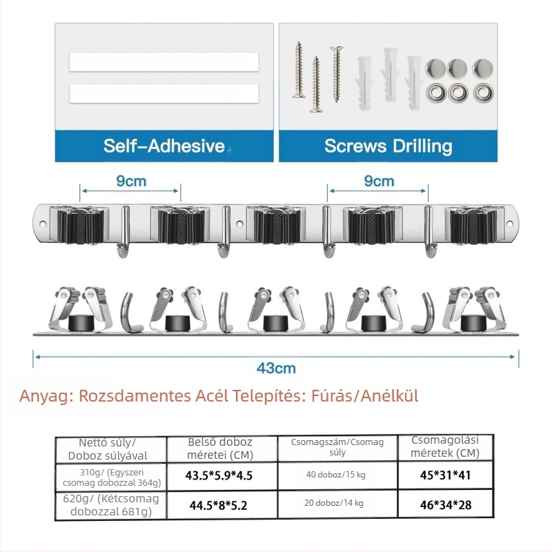 Rozsdamentes acélból készült falra szerelhető mop-tartó, lyuk nélküli rögzítés, mop-klip és akasztó, polírozott felület, súly 420
