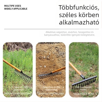 Spirálisan kerti gereblye mangánacélból, fa nyéllel, hegesztett és kézzel kovácsolt kivitelben, mezőgazdasági és kertészeti használatra