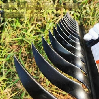 Spirálisan kerti gereblye mangánacélból, fa nyéllel, hegesztett és kézzel kovácsolt kivitelben, mezőgazdasági és kertészeti használatra