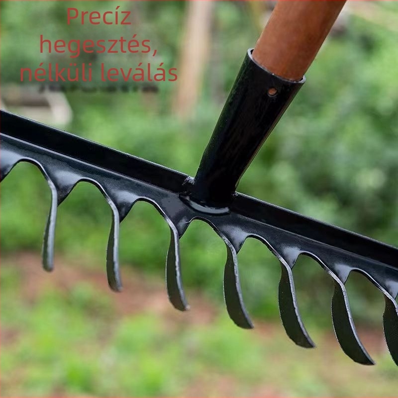 Spirálisan kerti gereblye mangánacélból, fa nyéllel, hegesztett és kézzel kovácsolt kivitelben, mezőgazdasági és kertészeti használatra