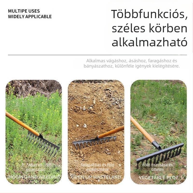 Spirálisan kerti gereblye mangánacélból, fa nyéllel, hegesztett és kézzel kovácsolt kivitelben, mezőgazdasági és kertészeti használatra