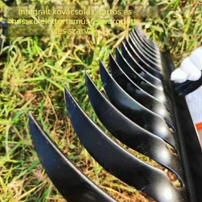 Spirálisan kerti gereblye mangánacélból, fa nyéllel, hegesztett és kézzel kovácsolt kivitelben, mezőgazdasági és kertészeti használatra