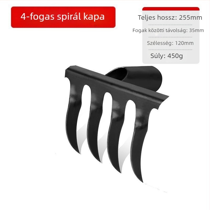 Spirálisan kerti gereblye mangánacélból, fa nyéllel, hegesztett és kézzel kovácsolt kivitelben, mezőgazdasági és kertészeti használatra