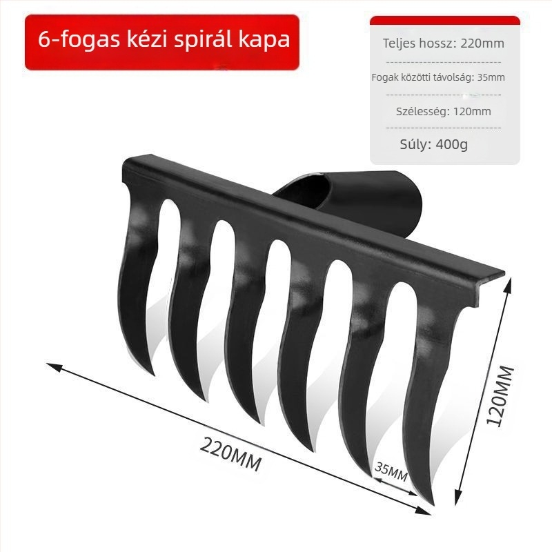 Spirálisan kerti gereblye mangánacélból, fa nyéllel, hegesztett és kézzel kovácsolt kivitelben, mezőgazdasági és kertészeti használatra