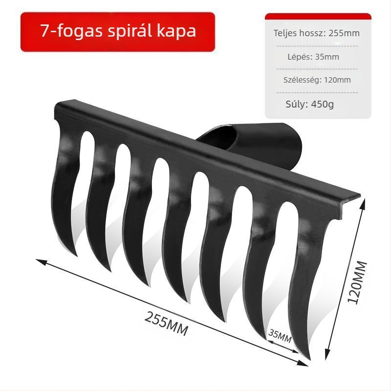 Spirálisan kerti gereblye mangánacélból, fa nyéllel, hegesztett és kézzel kovácsolt kivitelben, mezőgazdasági és kertészeti használatra