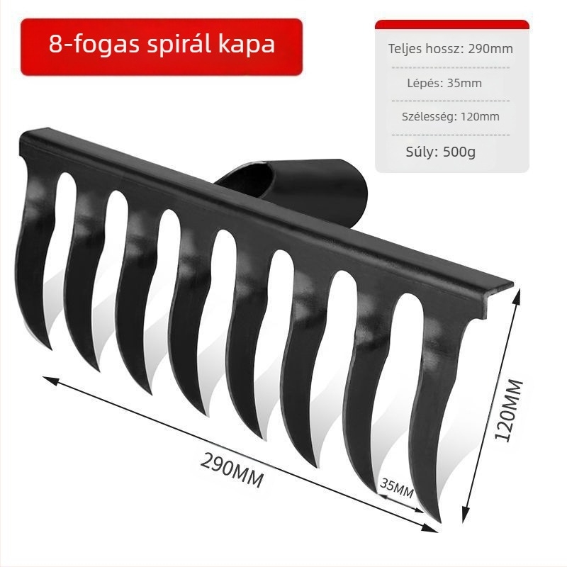 Spirálisan kerti gereblye mangánacélból, fa nyéllel, hegesztett és kézzel kovácsolt kivitelben, mezőgazdasági és kertészeti használatra