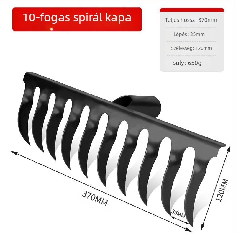 Spirálisan kerti gereblye mangánacélból, fa nyéllel, hegesztett és kézzel kovácsolt kivitelben, mezőgazdasági és kertészeti használatra