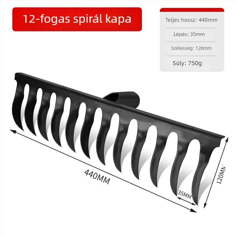 Spirálisan kerti gereblye mangánacélból, fa nyéllel, hegesztett és kézzel kovácsolt kivitelben, mezőgazdasági és kertészeti használatra