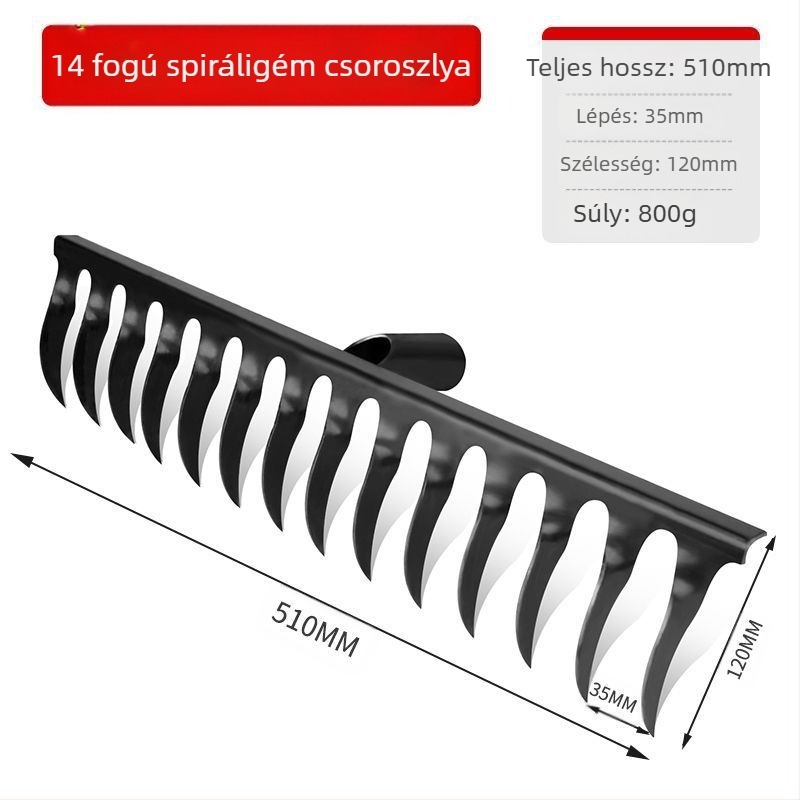 Spirálisan kerti gereblye mangánacélból, fa nyéllel, hegesztett és kézzel kovácsolt kivitelben, mezőgazdasági és kertészeti használatra